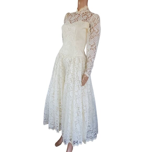 Vintage Victorian Wedding Dress XS Maxi Cream Lace Beads Tulle Lined Zip USA - Picture 2 of 15